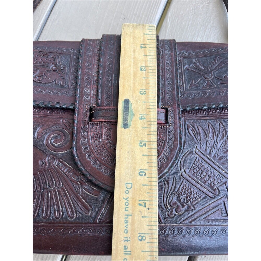 Vintage Mexican Aztec Mayan Tooled Brown Leather Handbag Purse Boho Hippie Vibe - Picture 14 of 16